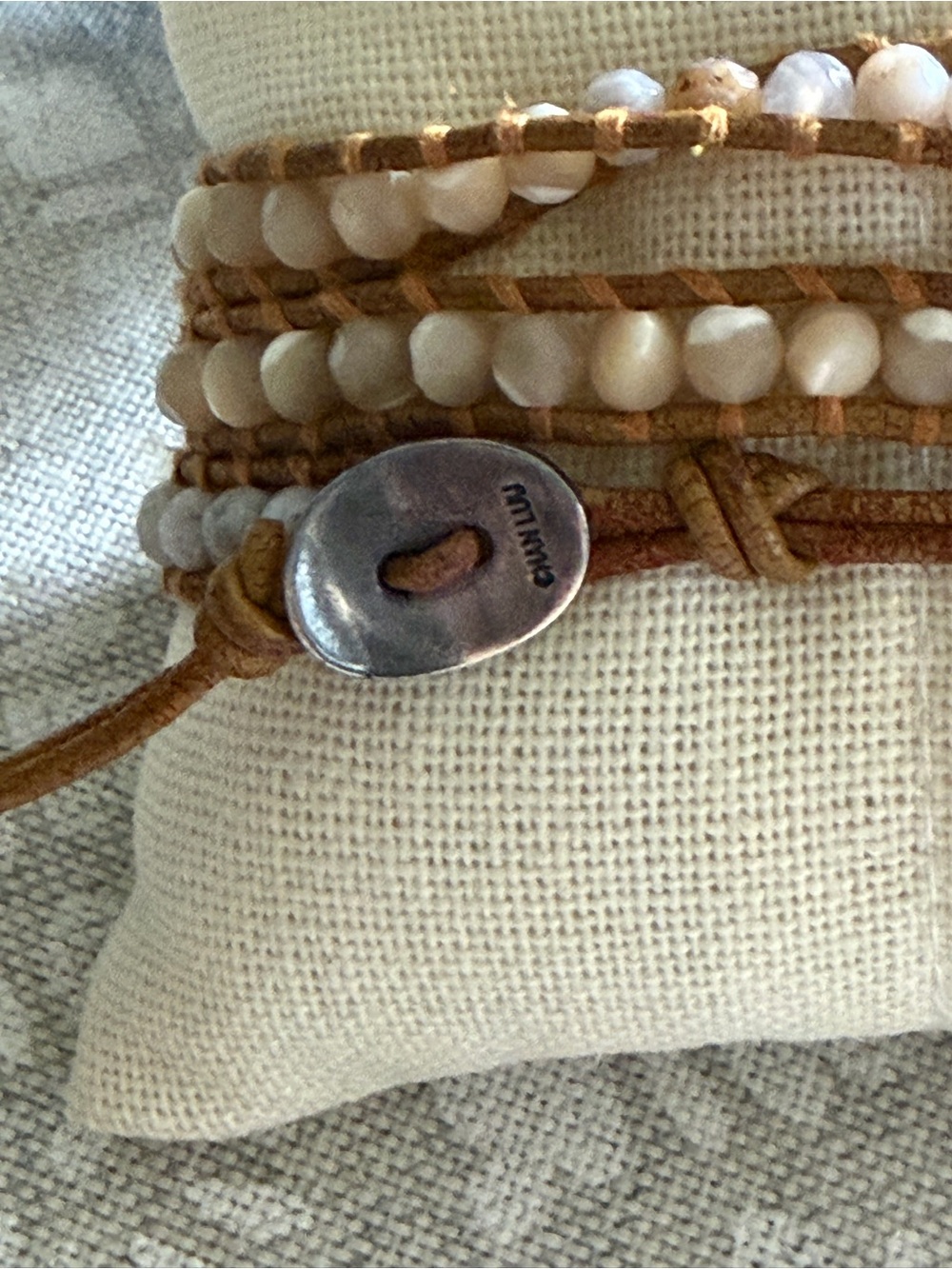 Chan Luu Cream Champagne Gray Faceted Stone Leather Triple Wrap Bracelet - Picture 3 of 8
